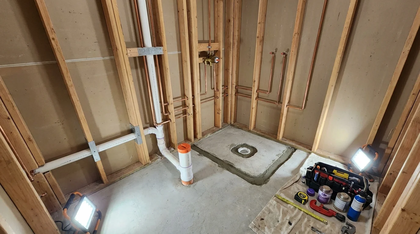 Bathroom rough-in plumbing during remodel by Johns Plumbing LLC in Bethel