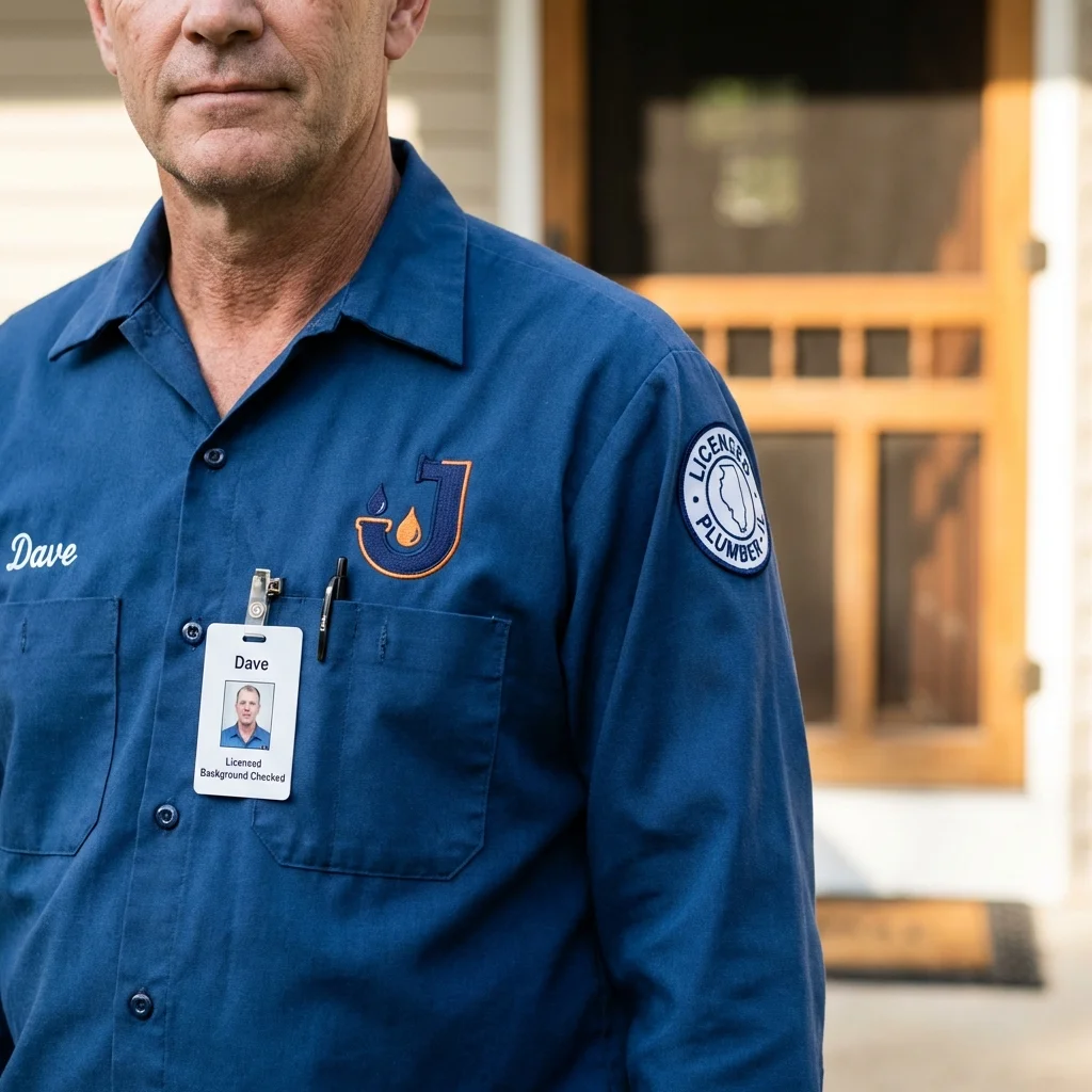 Licensed plumber showing ID badge in Bethel, ME