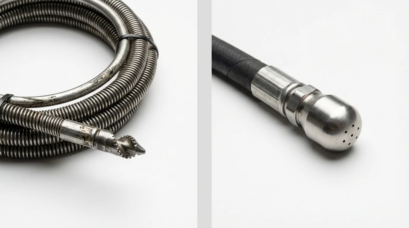 Drain snake cable and hydro jetting nozzle used for drain cleaning in Bethel, ME