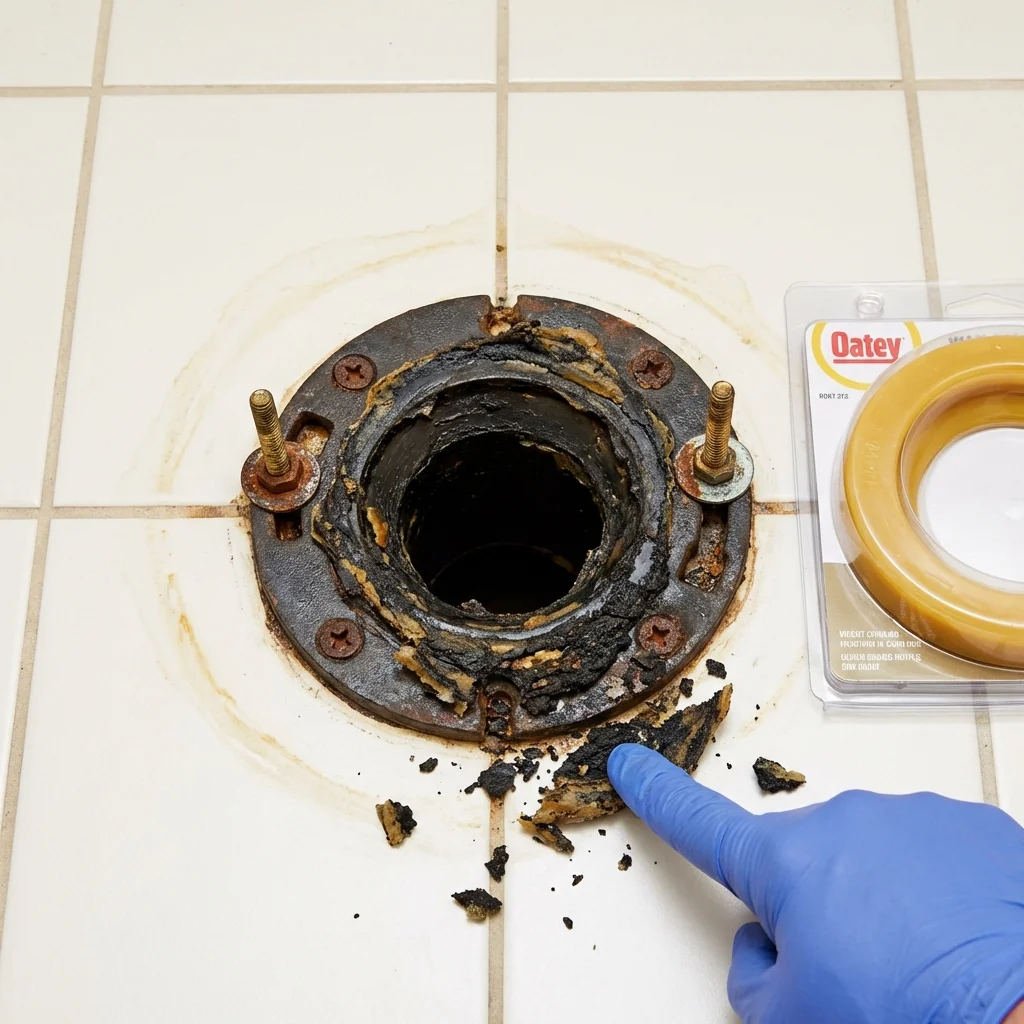 Failed wax ring showing water seepage at the base of a toilet in a Bethel, ME home