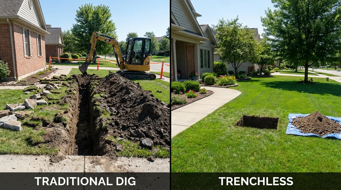 Trenchless sewer repair with minimal yard damage versus traditional excavation in Bethel, ME