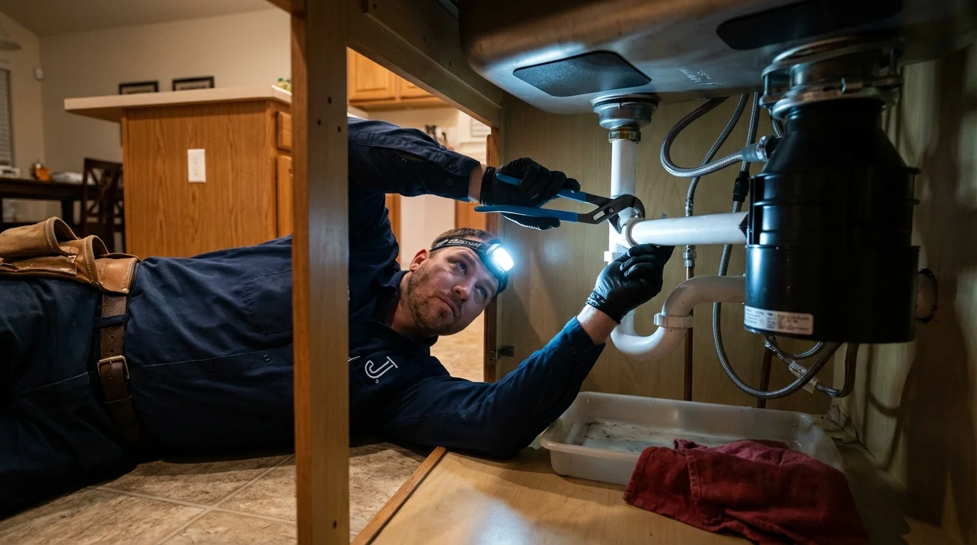 P-trap and supply line connections under a kitchen sink showing a common leak point in Bethel, ME